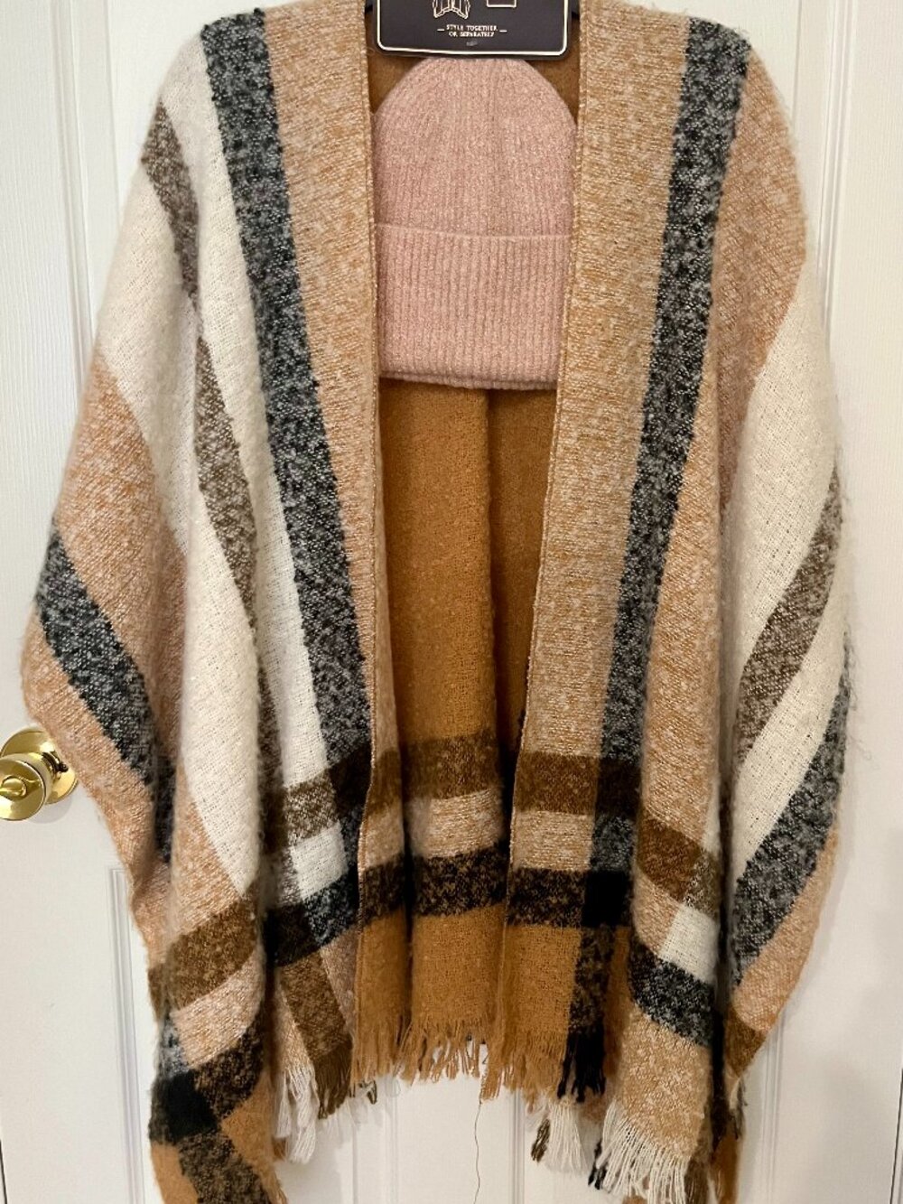Fall Plaid Poncho Wrap with Matching Beanie Set
